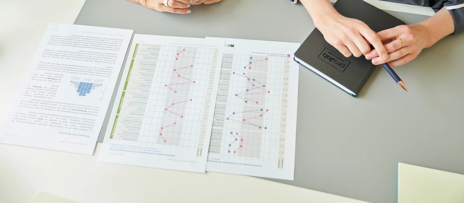 Potenzialanalyse mit dem Bochumer Inventar: ausgedruckte Auswertungsprofile auf dem Tisch, daneben ein Notizbuch und ein Stift