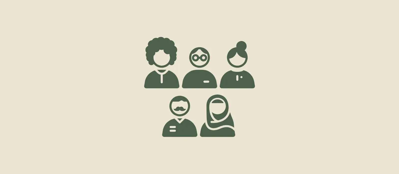 Illustration von fünf stilisierten Personen in unterschiedlichen Outfits und Frisuren, ergänzt durch Symbole wie Puzzle-Teil und Sprechblase, mit dem Titel ‚Diverse Führung als Schlüssel zu erfolgreicher Zusammenarbeit‘.