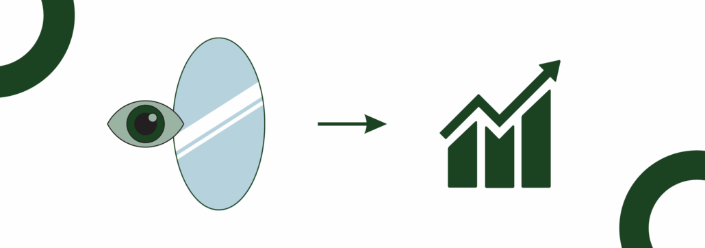 Grafische Darstellung: Ein stilisiertes Auge blickt in einen Rückspiegel, von dem ein Pfeil zu einem aufsteigenden Balken-/Liniendiagramm führt.