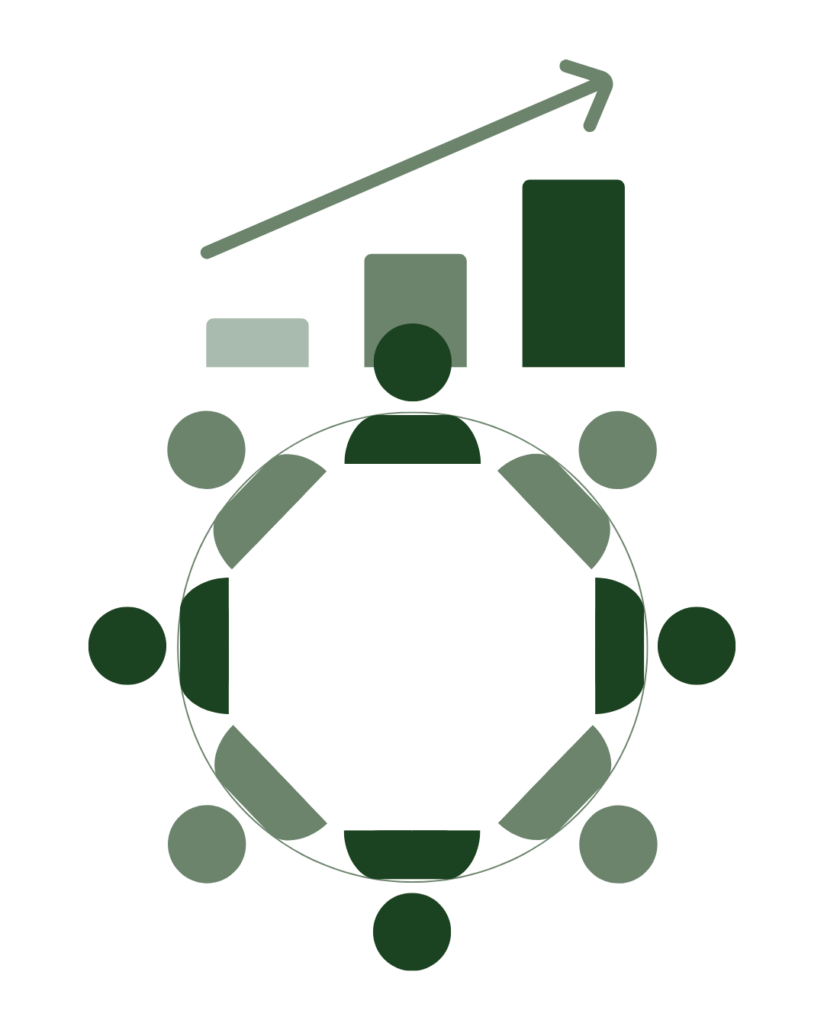 Symbolbild für Zusammenhalt im Team stärken: Acht Figuren im Kreis um einen Tisch, Pfeile im Uhrzeigersinn, darüber ein Balkendiagramm mit Aufwärtspfeil – Darstellung von Teamarbeit und kontinuierlicher Entwicklung