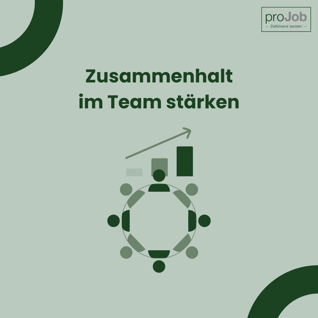 Illustration von Teammitgliedern am Tisch mit Aufwärtspfeil und Balkendiagramm – Symbol für Zusammenhalt im Team stärken, proJob-Logo oben rechts