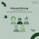 Illustration von fünf stilisierten Personen in unterschiedlichen Outfits und Frisuren, ergänzt durch Symbole wie Puzzle-Teil und Sprechblase, mit dem Titel ‚Diverse Führung als Schlüssel zu erfolgreicher Zusammenarbeit‘.