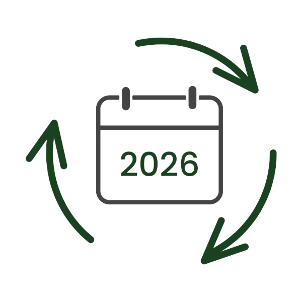Kalender mit Jahr 2026 und drei grünen Pfeilen im Kreis – Symbol für Veränderung und Jahreswechsel